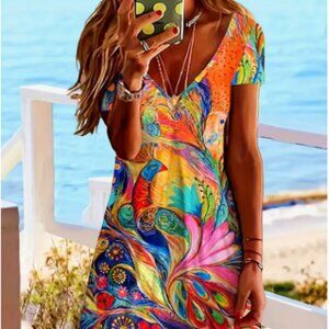 Vibrant Multicolor Mini Dress with V-Neck